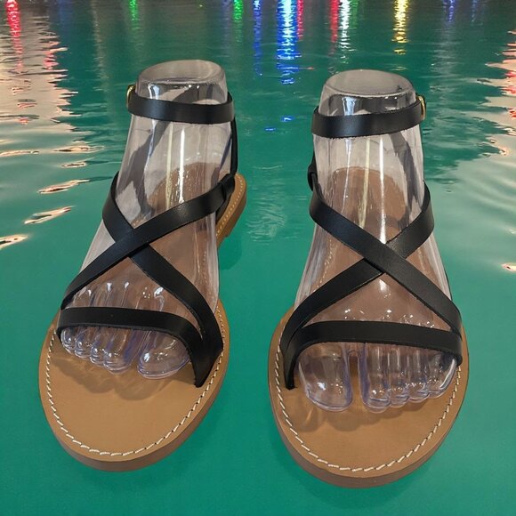 J Crew Leather Gladiator Sandals Black Strappy Flat Summer Made In Italy - Picture 1 of 7
